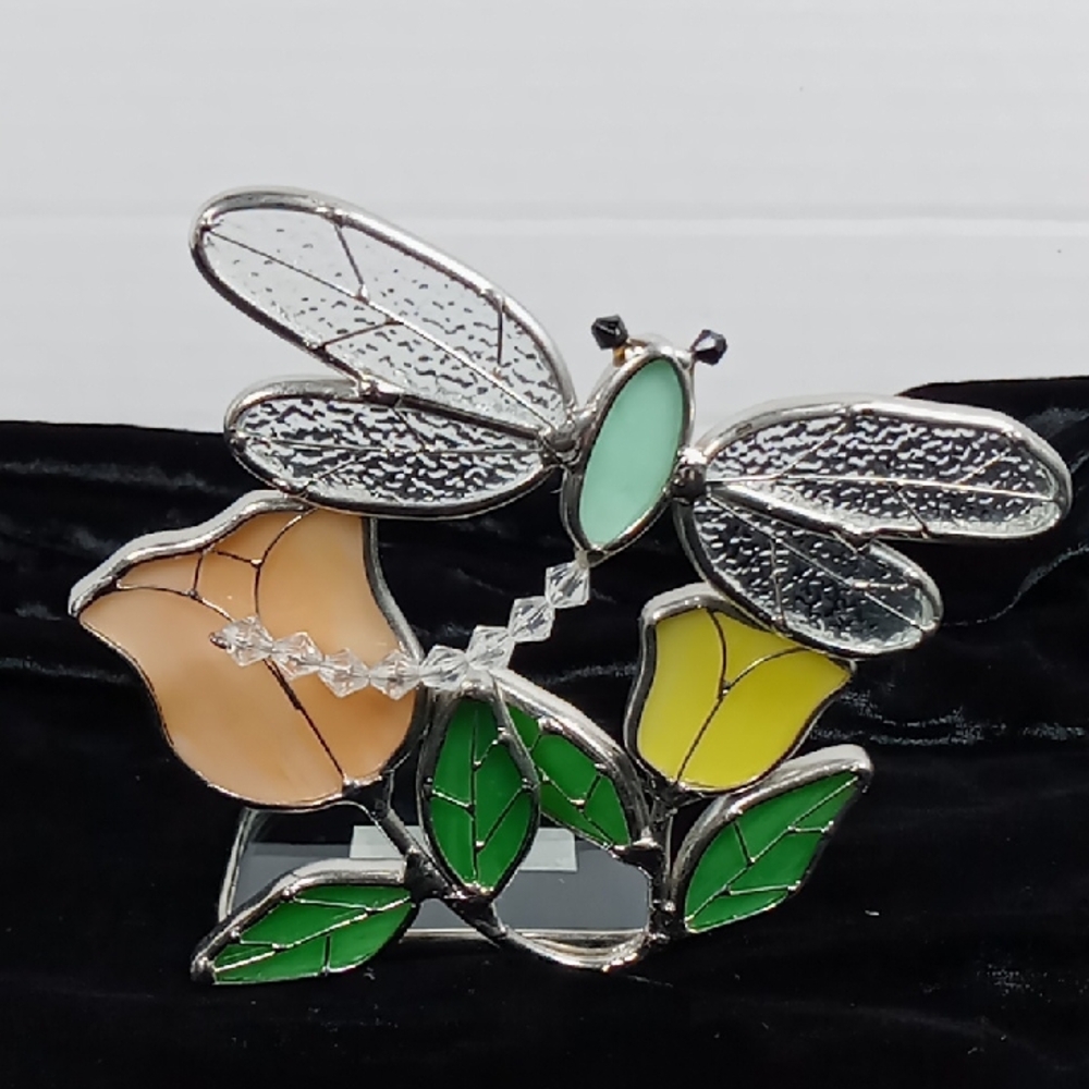 GANZ Stained Glass Votive Candle Holder Dragonfly with Floral Design